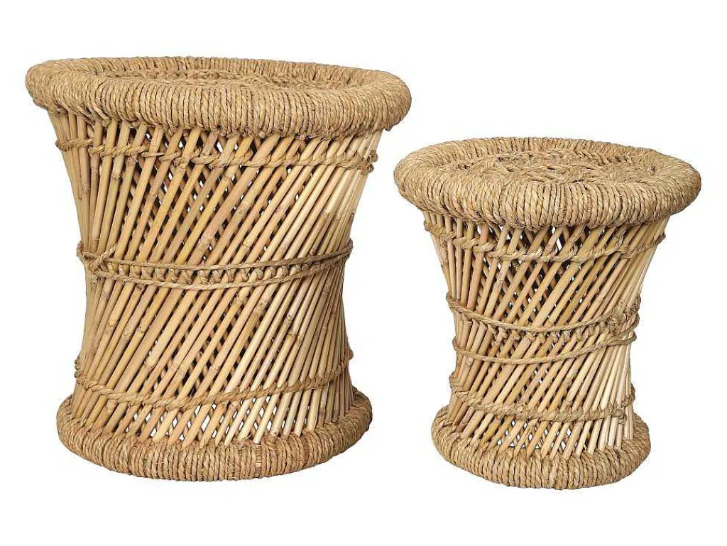 Set Van 2 Ronde Poefs Van Licht Naturelkleurig Rotan Mirtaka-Vente-unique Hot
