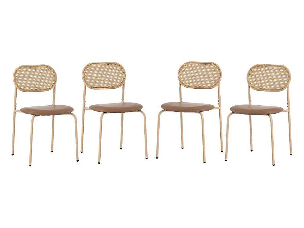 Set Van 4 Stoelen Van Kunstleer En Rotan - Metalen Poten - Bruin-ModernLuxe Sale