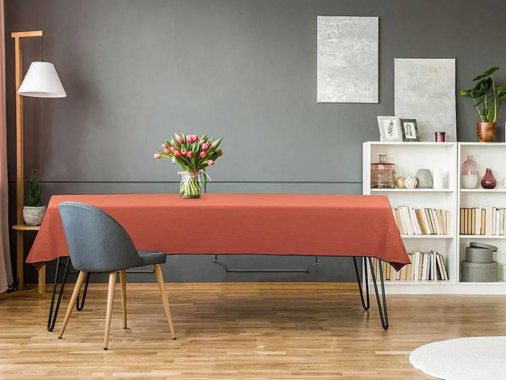 Set Van Tafellaken + 4 Servetten Van Linnen En Katoen - Zwarte Rand - Terracotta - 170 X 300 Cm - Borina-OZAIA Hot