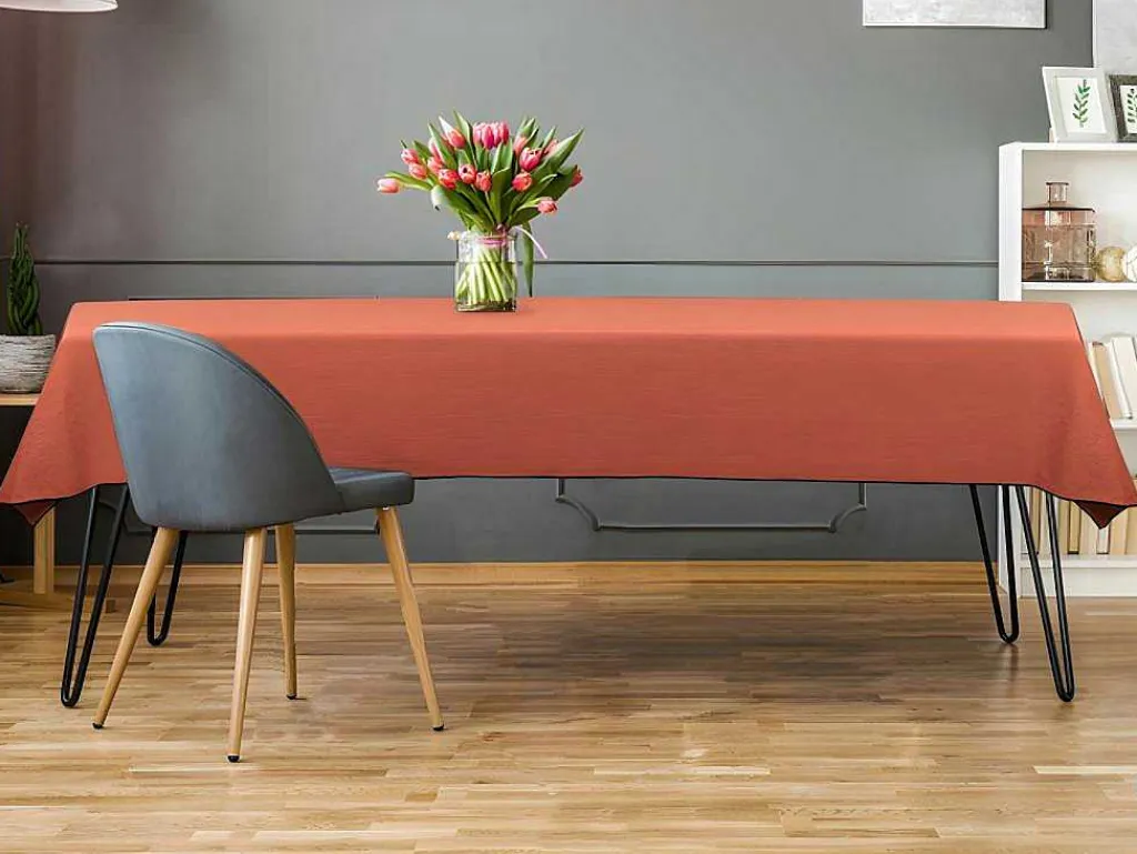 Set Van Tafellaken + 4 Servetten Van Linnen En Katoen - Zwarte Rand - Terracotta - 170 X 250 Cm - Borina-OZAIA Hot
