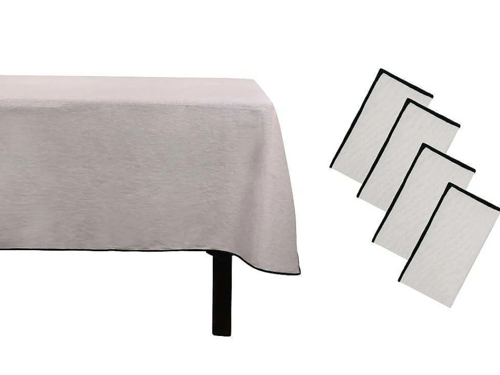 Set Van Tafellaken + 4 Servetten Van Linnen En Katoen - Zwarte Rand - Taupegrijs - 170 X 170 Cm - Borina-OZAIA Sale