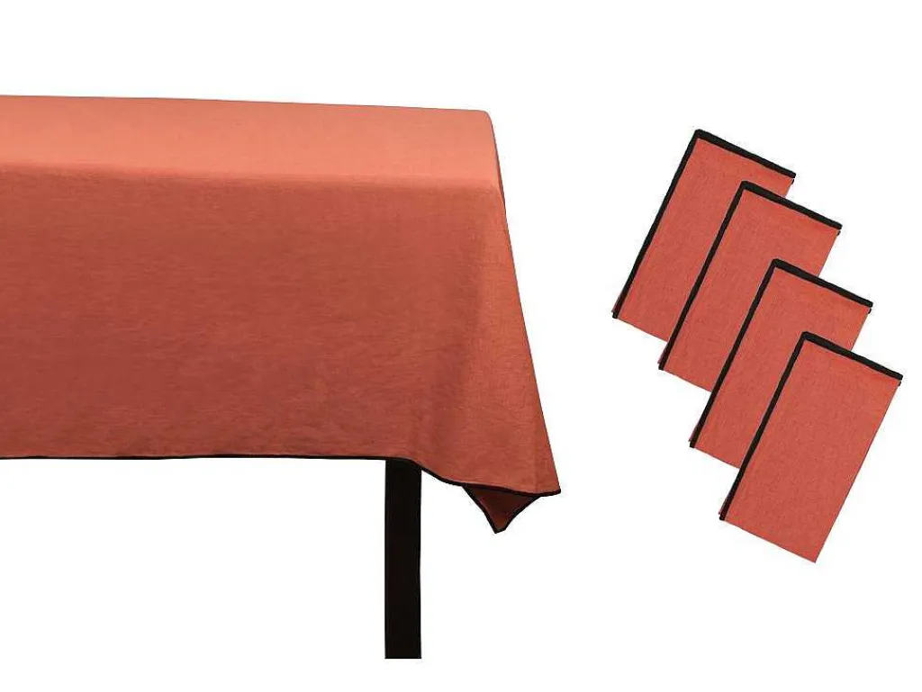 Set Van Tafellaken + 4 Servetten Van Linnen En Katoen - Zwarte Rand - Terracotta - 170 X 170 Cm - Borina-OZAIA Hot