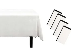 Set Van Tafellaken + 4 Servetten Van Linnen En Katoen - Zwarte Rand - Wit- 170 X 250 Cm - Borina-OZAIA Online
