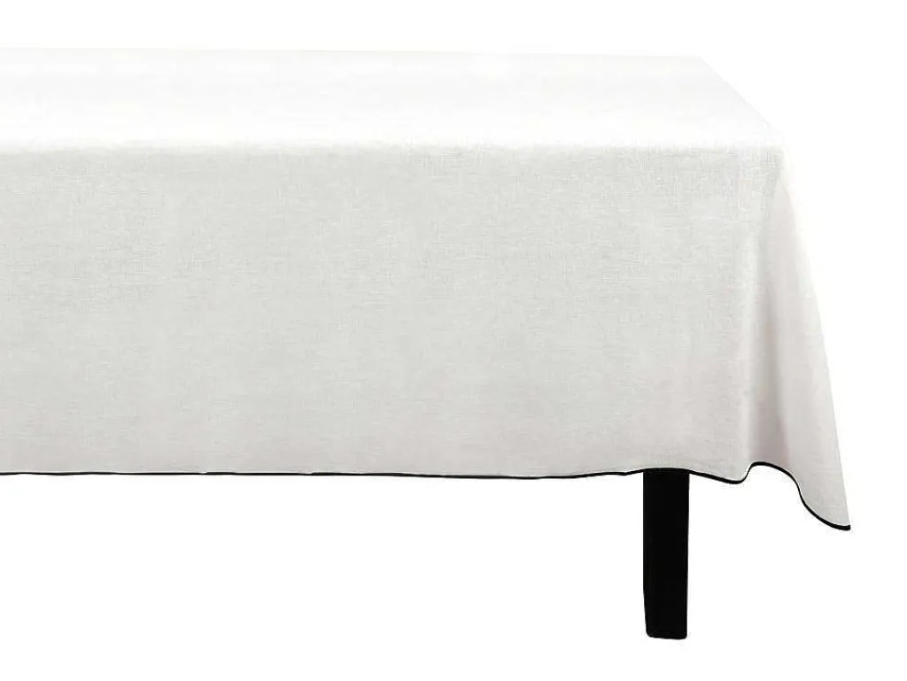 Set Van Tafellaken + 4 Servetten Van Linnen En Katoen - Zwarte Rand - Wit- 170 X 250 Cm - Borina-OZAIA Online
