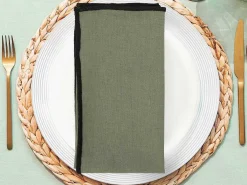 Set Van Tafellaken + 4 Servetten Van Linnen En Katoen - Zwarte Rand - Kaki - 170 X 300 Cm - Borina-OZAIA