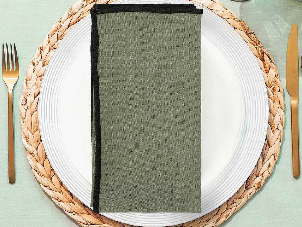 Set Van Tafellaken + 4 Servetten Van Linnen En Katoen - Zwarte Rand - Kaki - 170 X 300 Cm - Borina-OZAIA