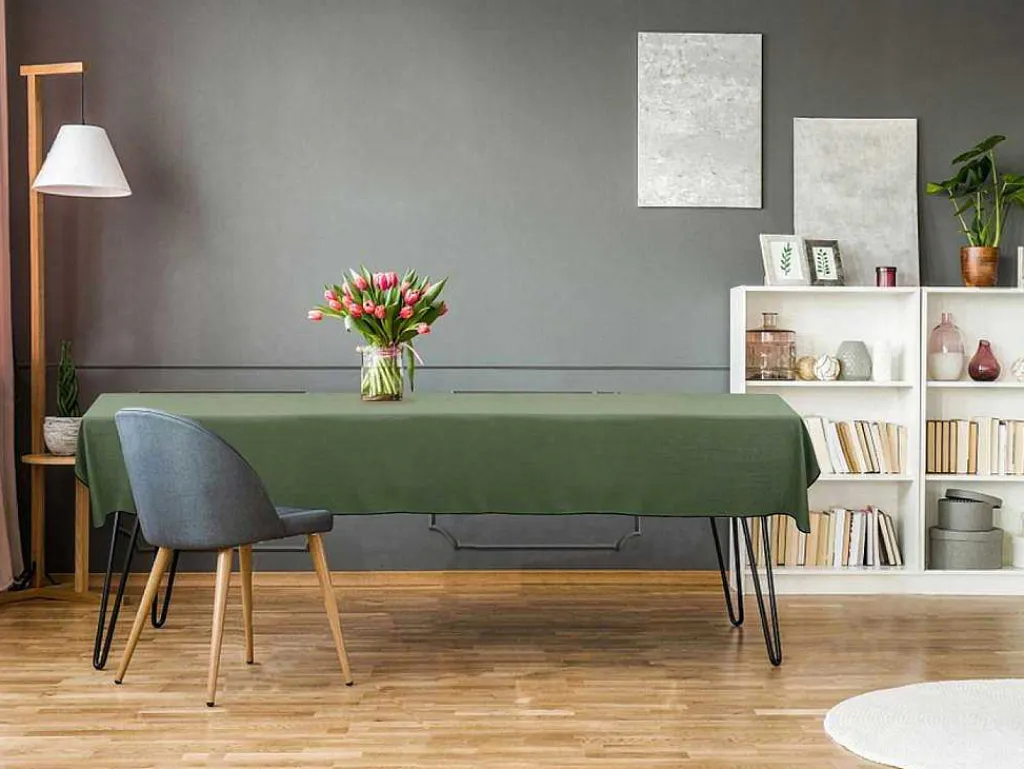 Set Van Tafellaken + 4 Servetten Van Linnen En Katoen - Zwarte Rand - Kaki - 170 X 300 Cm - Borina-OZAIA