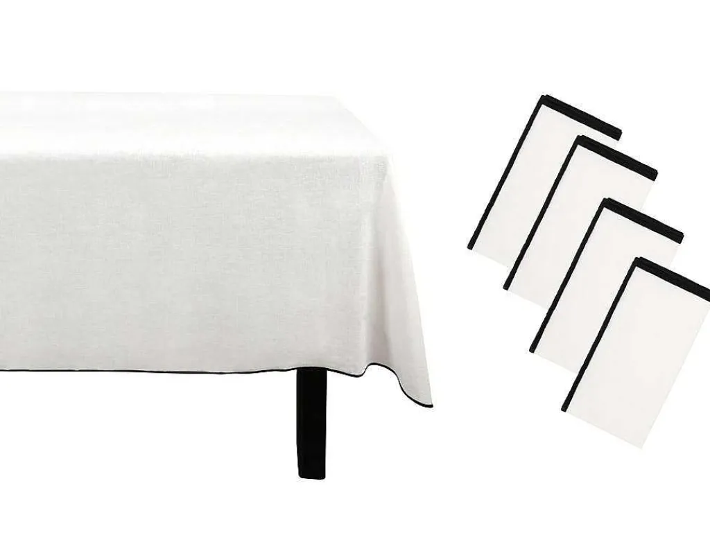 Set Van Tafellaken + 4 Servetten Van Linnen En Katoen - Zwarte Rand - Wit- 170 X 170 Cm - Borina-OZAIA Hot