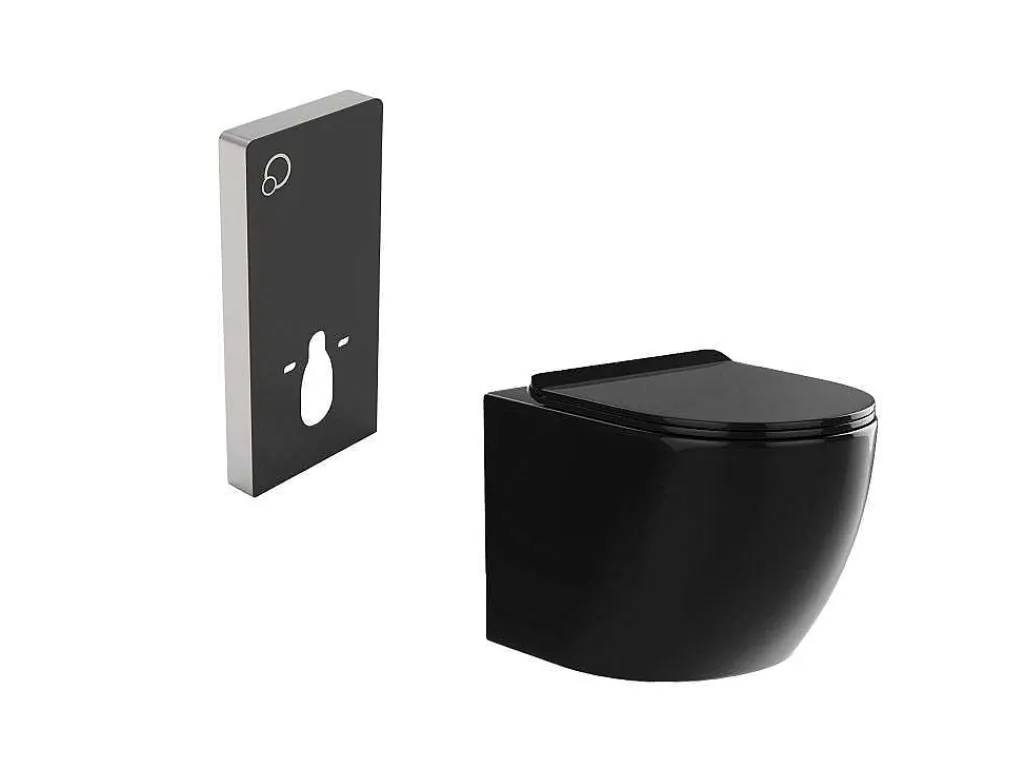 Set Voor Hang-Wc Met Decoratief Voorwandsysteem - Glanzend Zwart - Javoine-Vente-unique Clearance