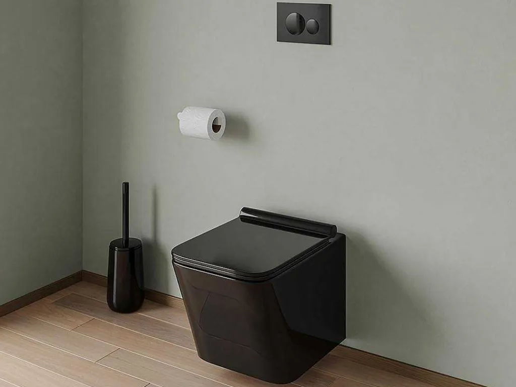 Set Voor Hang-Wc Van Glanzend Zwart Keramiek Met Voorwandsysteem En Ronde Bedieningsplaat - Clemona-Vente-unique Best