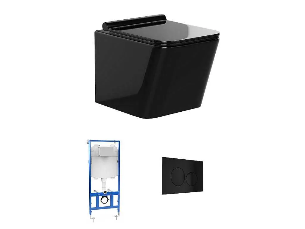 Set Voor Hang-Wc Van Glanzend Zwart Keramiek Met Voorwandsysteem En Ronde Bedieningsplaat - Clemona-Vente-unique Best