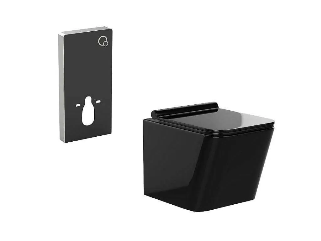Set Voor Hang-Wc Van Glanzend Zwart Keramiek Met Decoratief Voorwandsysteem - Clemona-Vente-unique