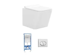 Set Voor Witte Hang-Wc Met Voorwandsysteem En Chroomkleurige Ovalen Bedieningsplaat - Clemona-Vente-unique