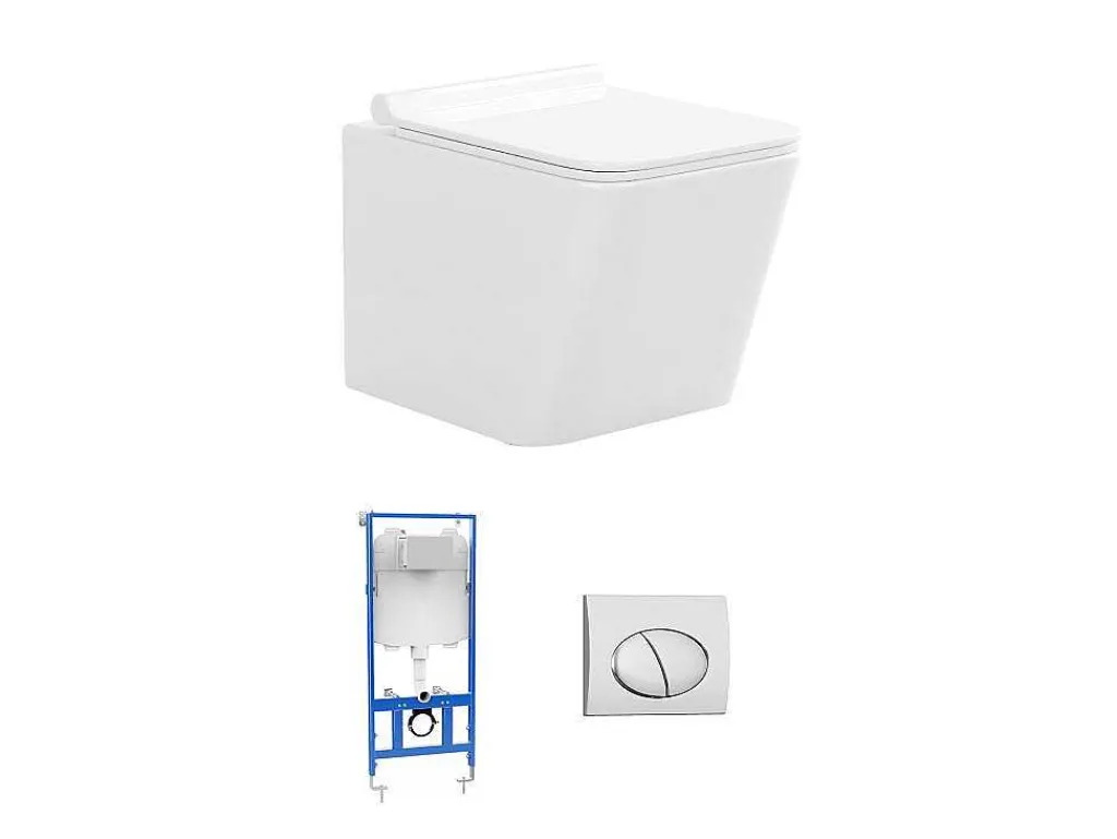 Set Voor Witte Hang-Wc Met Voorwandsysteem En Chroomkleurige Ovalen Bedieningsplaat - Clemona-Vente-unique