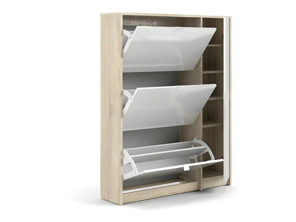 Shane Schoenenkast 3 Klapdeuren 2R, 1 Deur Eikenstructuur Decor, Wit Hoogglans.-Vente-unique Sale