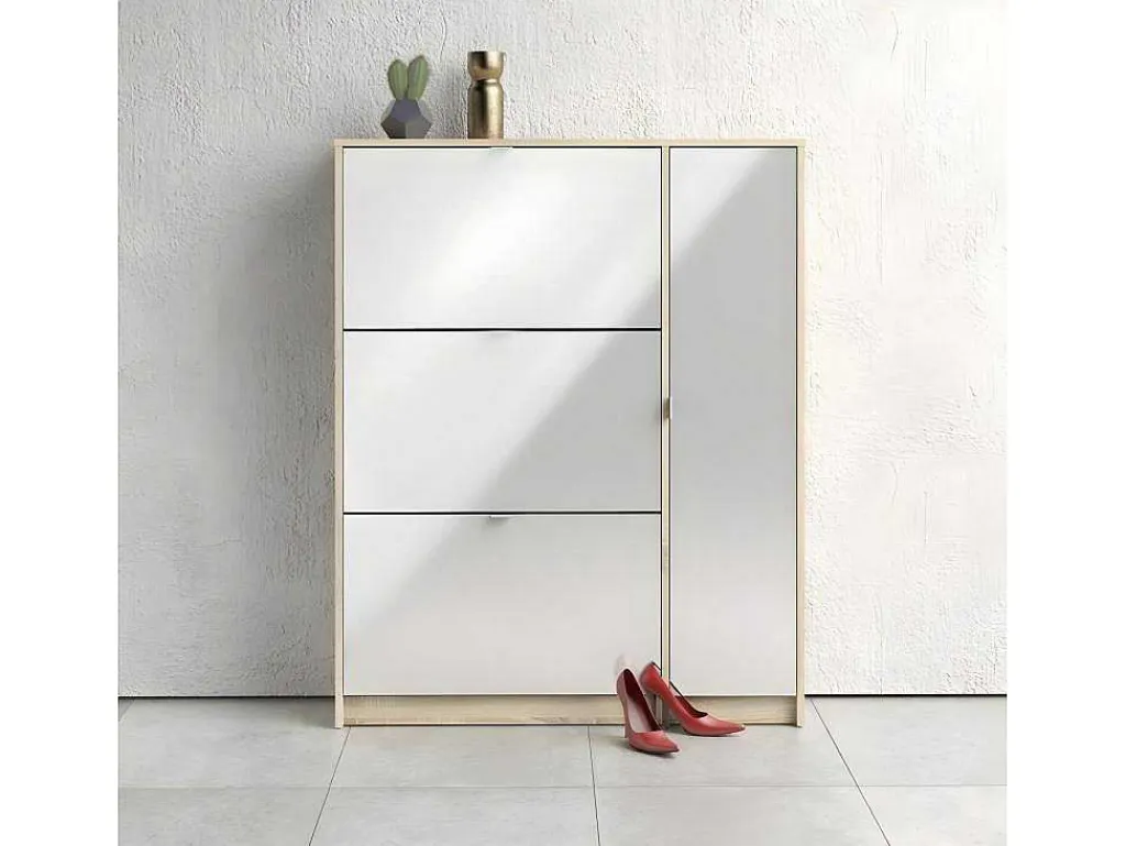 Shane Schoenenkast 3 Klapdeuren 2R, 1 Deur Eikenstructuur Decor, Wit Hoogglans.-Vente-unique Sale