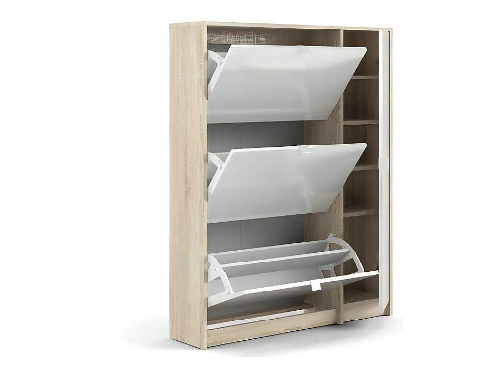 Shane Schoenenkast 3 Klapdeuren 2R, 1 Deur Eikenstructuur Decor, Wit Hoogglans.-Vente-unique Sale