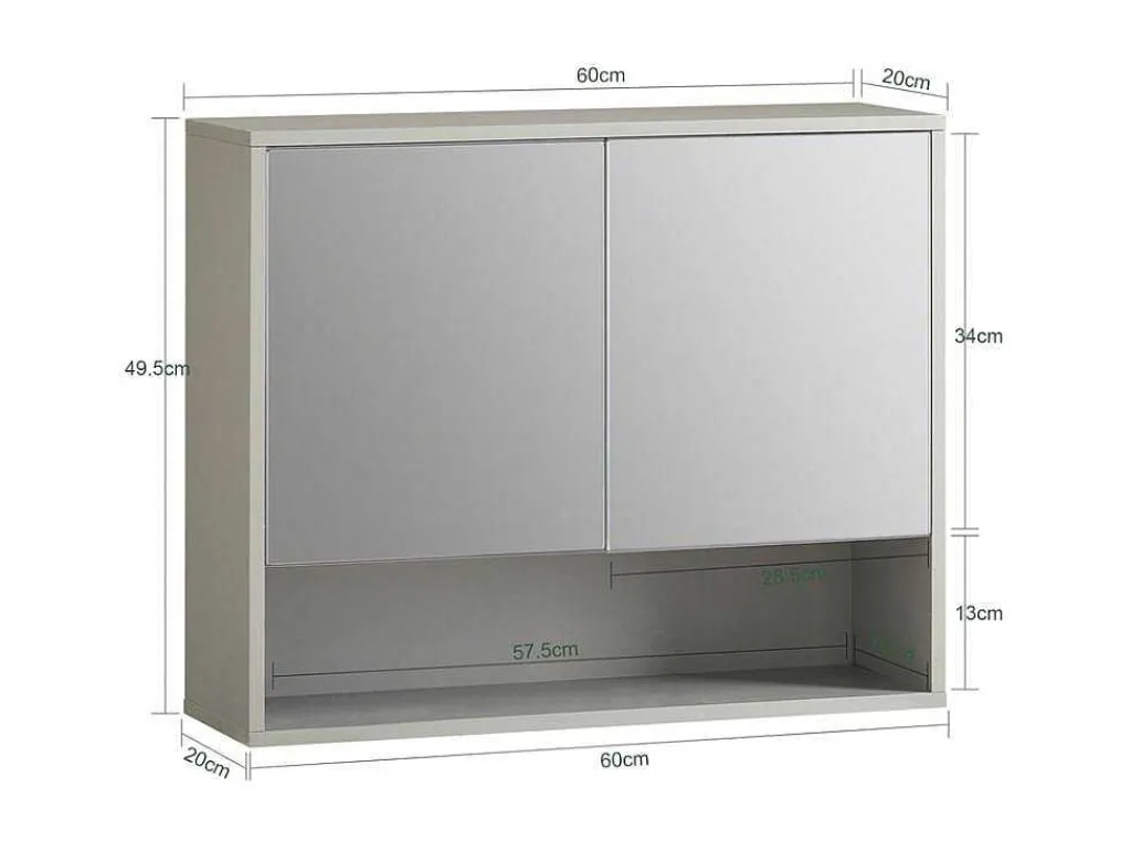 Badkamerwandkast Met Spiegel, Wandgemonteerd Wastafelmeubel, Opbergkast Met 2 Deuren, Open Vak En Verstelbare Planken, 60 X 20 X 49,5 Cm, Grijs, Bzr134-Ng-Sobuy New