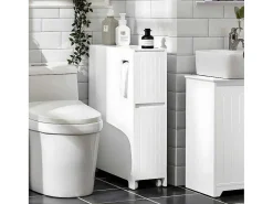 Compacte Toiletkast, Smal Badkameropbergmeubel Op Wielen, Toiletrolhouder Met 1 Kanteldeur, 2 Laden En 1 Open Achtercompartiment, Veelzijdige Opbergwagen, 60X20X75 Cm, Bzr111-W-Sobuy