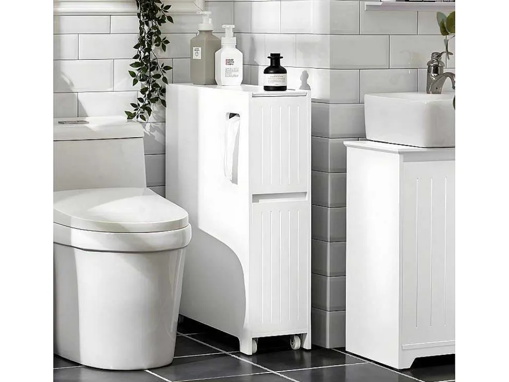 Compacte Toiletkast, Smal Badkameropbergmeubel Op Wielen, Toiletrolhouder Met 1 Kanteldeur, 2 Laden En 1 Open Achtercompartiment, Veelzijdige Opbergwagen, 60X20X75 Cm, Bzr111-W-Sobuy