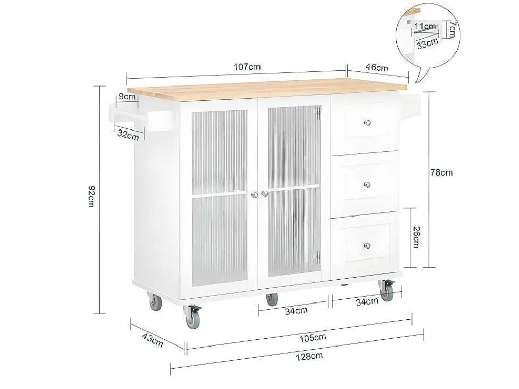 Keukentrolley Op Wielen Keukeneiland Serveerwagen Buffetkast Keukenkast Met 3 Laden, 2 Deuren, Kruidenrek En Handdoekenrek, 128X46X92 Cm, Fkw120-Wn-Sobuy Online