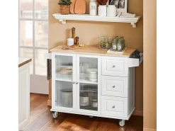 Keukentrolley Op Wielen Keukeneiland Serveerwagen Buffetkast Keukenkast Met 3 Laden, 2 Deuren, Kruidenrek En Handdoekenrek, 128X46X92 Cm, Fkw120-Wn-Sobuy Online