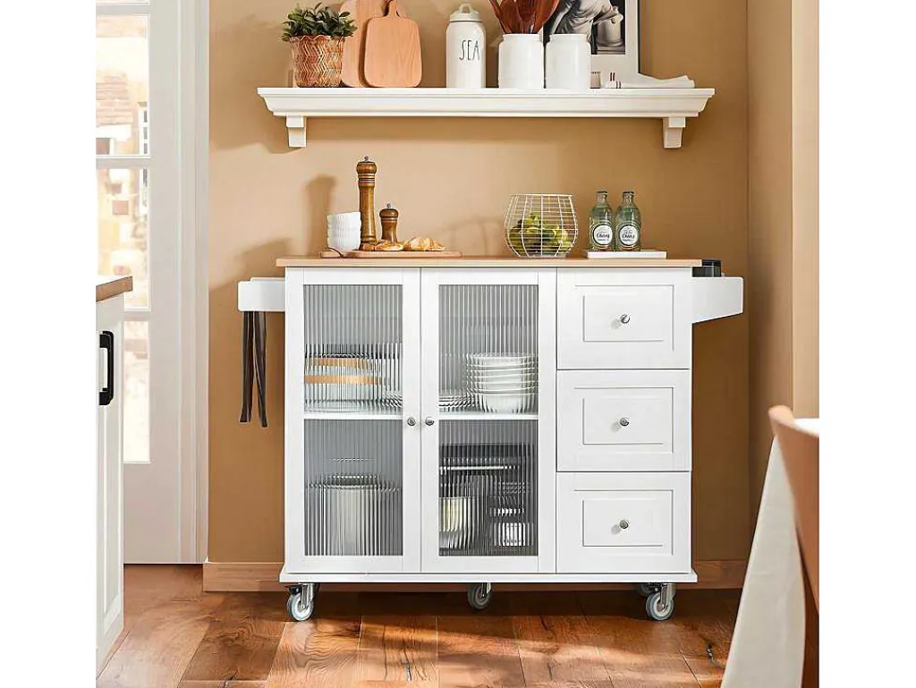 Keukentrolley Op Wielen Keukeneiland Serveerwagen Buffetkast Keukenkast Met 3 Laden, 2 Deuren, Kruidenrek En Handdoekenrek, 128X46X92 Cm, Fkw120-Wn-Sobuy Online