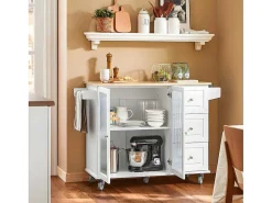 Keukentrolley Op Wielen Keukeneiland Serveerwagen Buffetkast Keukenkast Met 3 Laden, 2 Deuren, Kruidenrek En Handdoekenrek, 128X46X92 Cm, Fkw120-Wn-Sobuy Online
