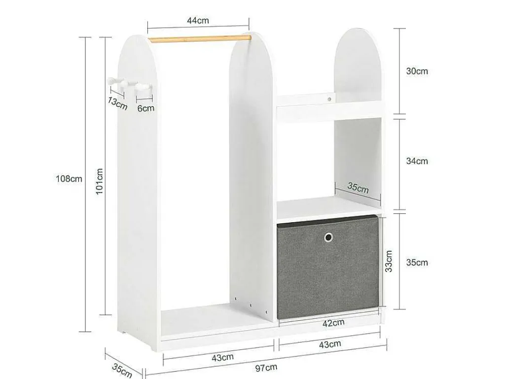 Kmb40-W Kinderkledingkast, Kinderslaapkamer Kledingrek, Kinderkledingrek, Kledingroedes, Kapstok, Kledingkasten Met 3 Planken, 1 Mand En 3 Haken-Sobuy Outlet