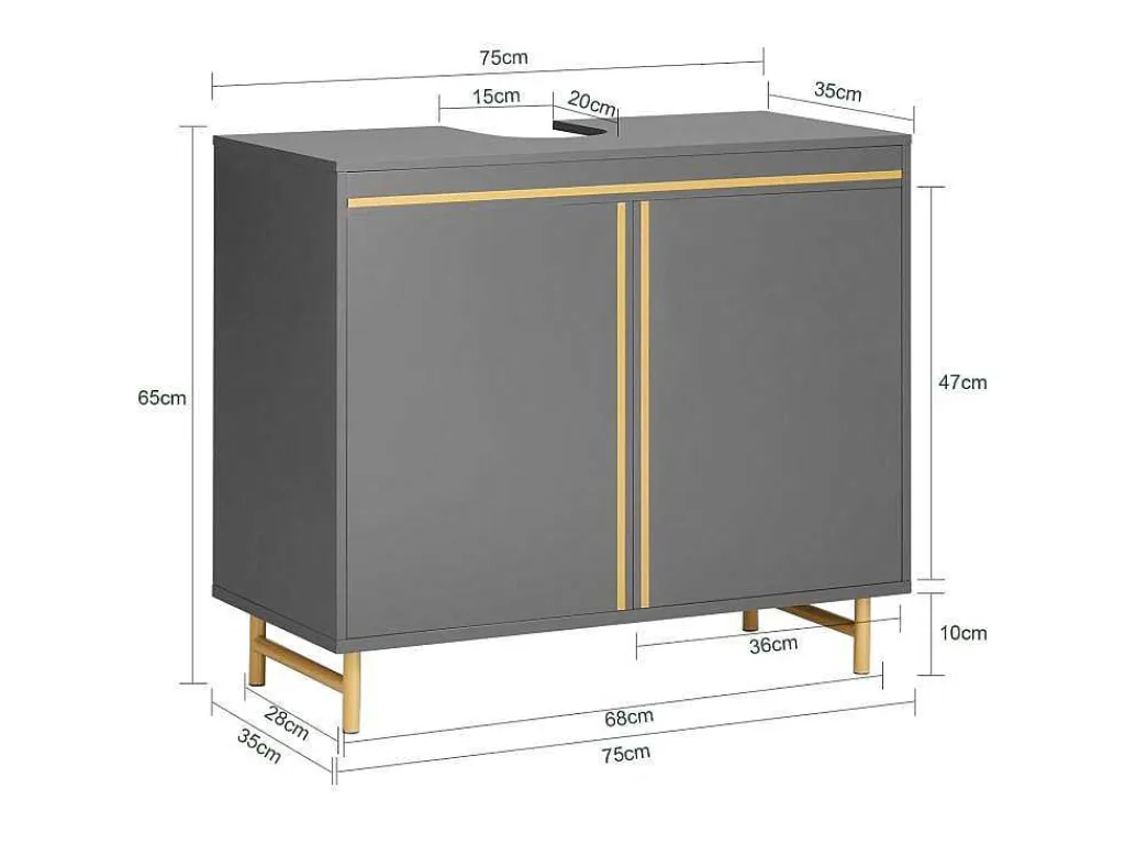 Onderbouwkast, Onderbouwkast Met 2 Deuren En 2 Planken, Vrijstaand Badkamermeubel, Badkameropbergkast, Grijs, L75 X D35 X H65 Cm, Bzr129-Hg-Sobuy