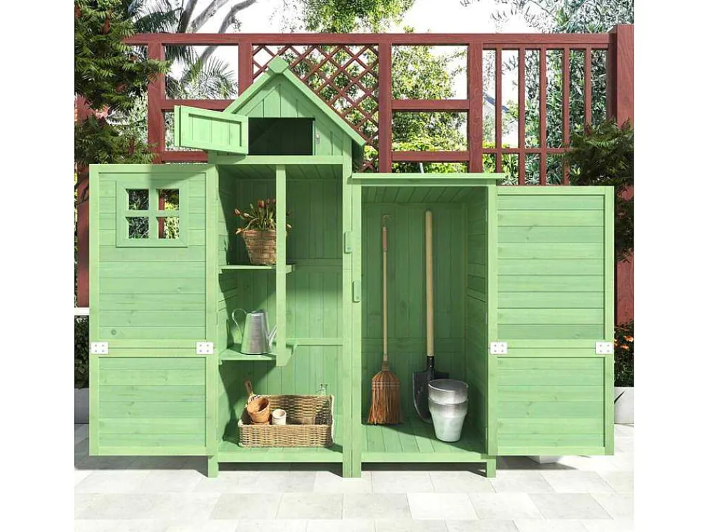 Sparrenhouten Tuinhuis - Gereedschapsschuur Met 2 Geintegreerde Planken - H 173 Cm - Waterdicht Pvc Dak - Groen-ModernLuxe