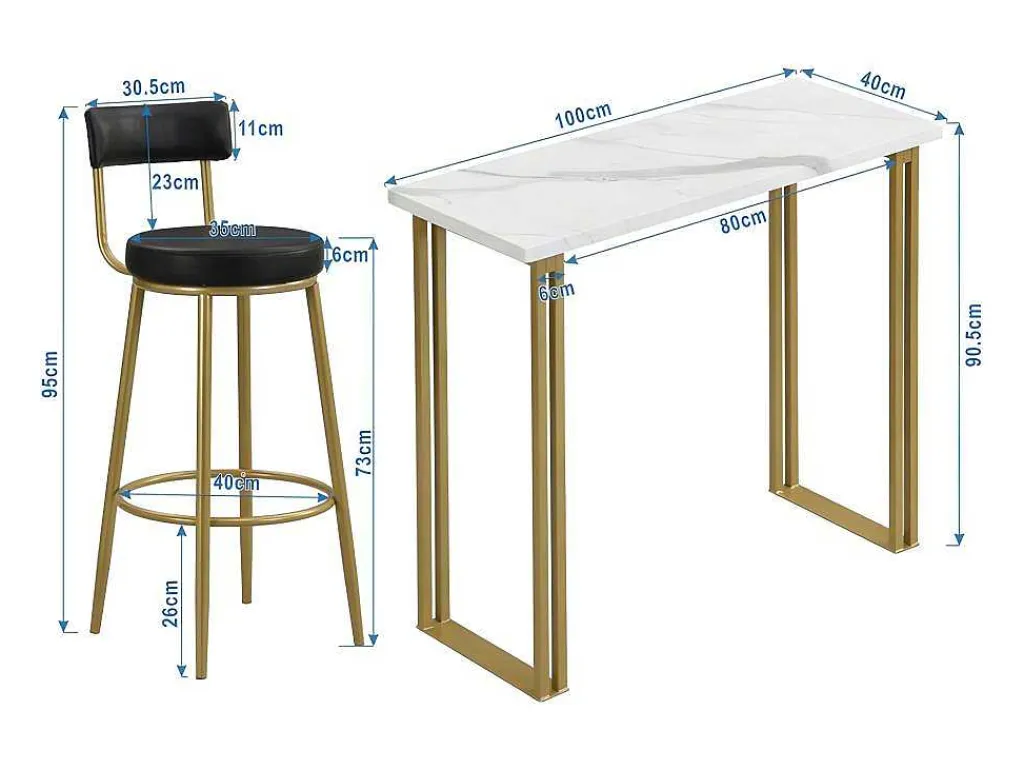 Staande Eettafel - 1 Tafel En 2 Krukken - Rechthoekige Tafel - Zwart & Goud-ModernLuxe