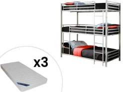 Stapelbed - 3 X 90 X 190 Cm - Metaal - Zilverkleur - Met Matras - Elouan-Vente-unique Discount
