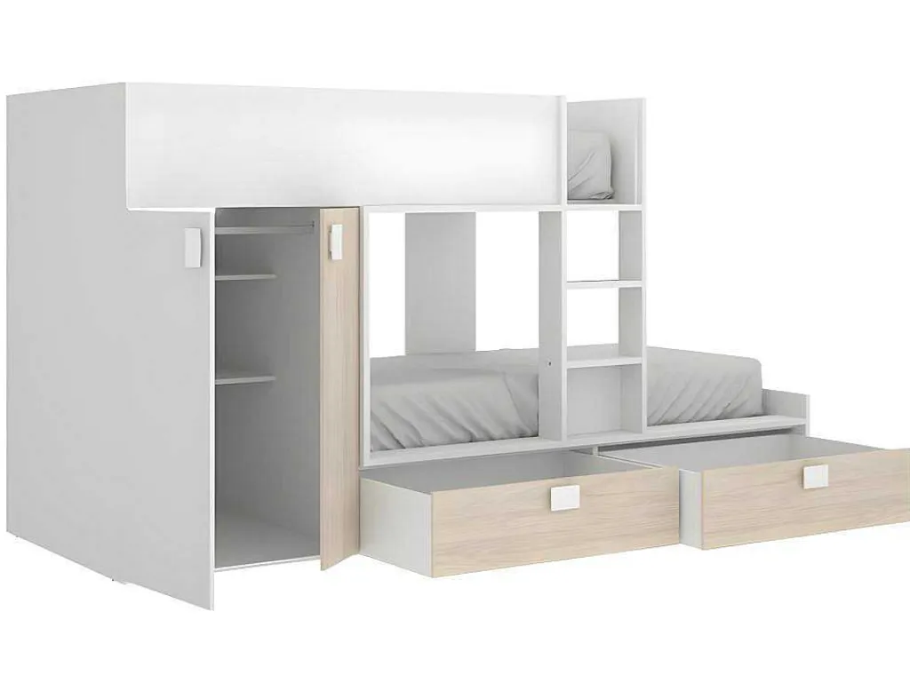 Stapelbed - Ingebouwde Kast - 2X90X190Cm - Wit En Eiken + Matras - Juanito-Vente-unique Sale