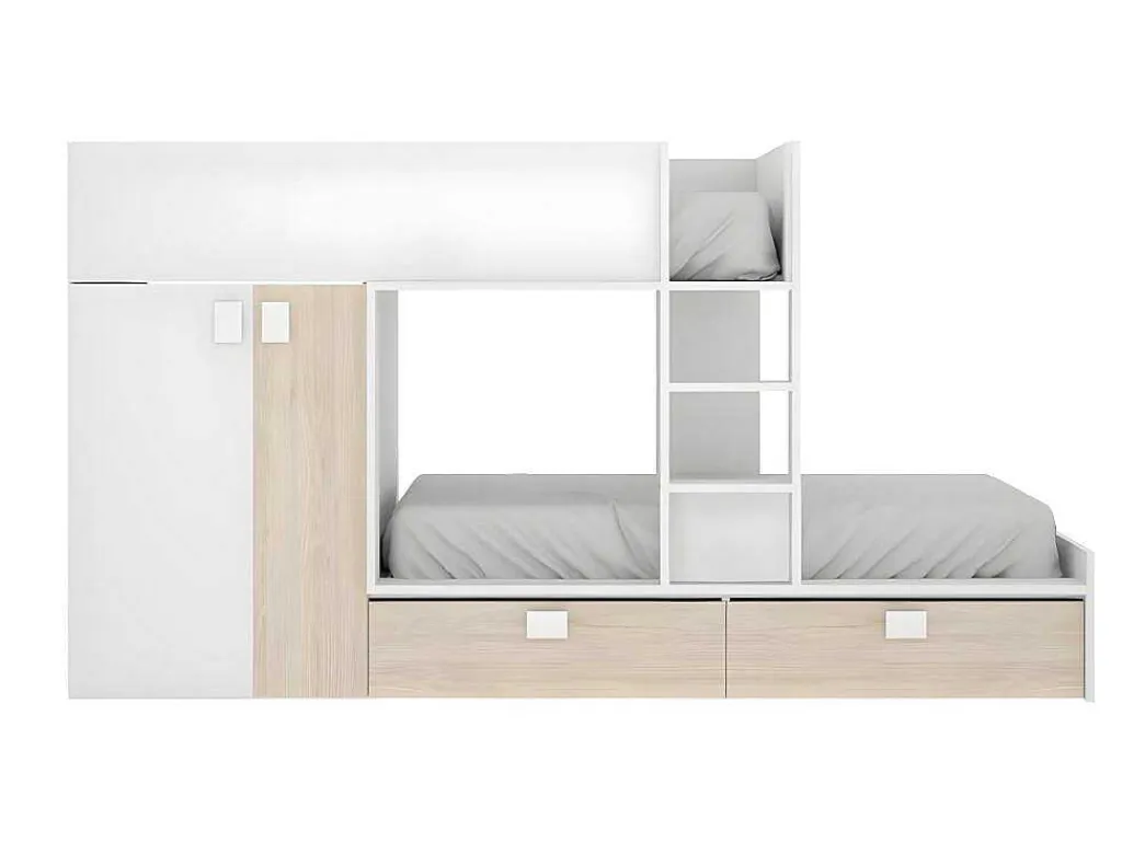 Stapelbed - Ingebouwde Kast - 2X90X190Cm - Wit En Eiken + Matras - Juanito-Vente-unique Sale