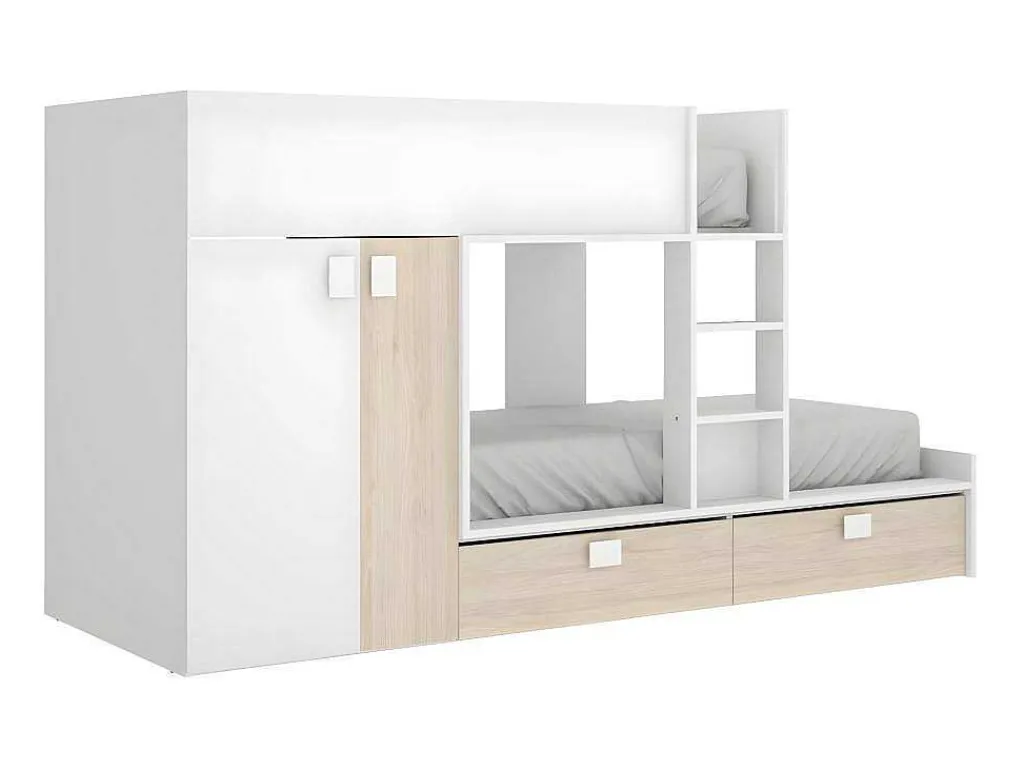 Stapelbed Juanito - Ingebouwde Kast - 2X90X190Cm - Wit En Eiken-Vente-unique New