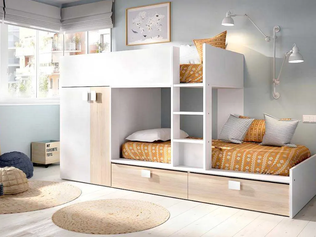 Stapelbed Juanito - Ingebouwde Kast - 2X90X190Cm - Wit En Eiken-Vente-unique New