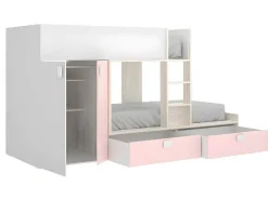 Stapelbed Juanito Met Ingebouwde Kast En Opbergruimte - 2X90X190Cm - Wit, Eiken En Roze-Vente-unique Sale