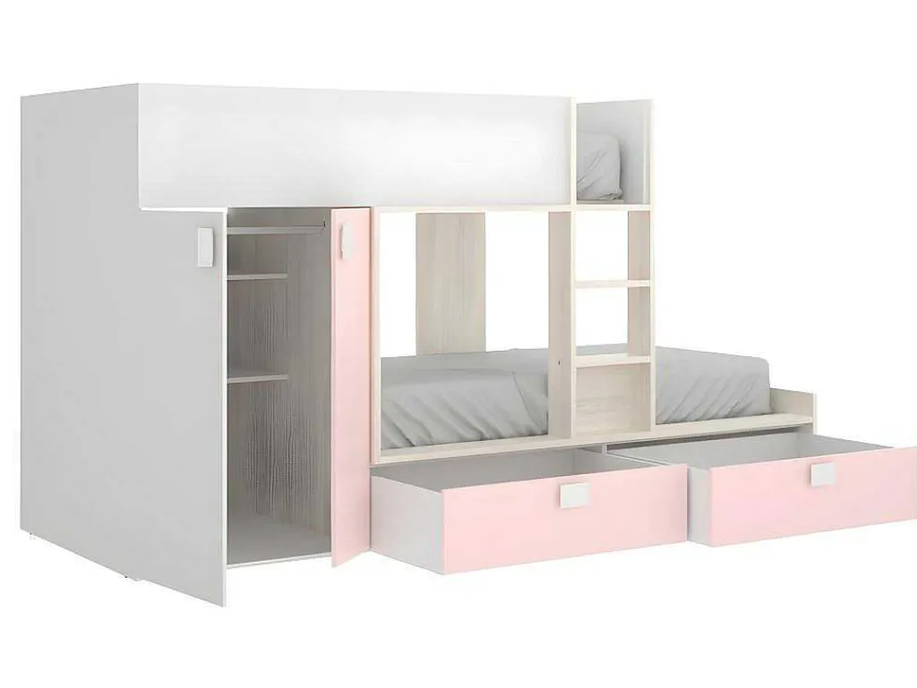 Stapelbed Juanito Met Ingebouwde Kast En Opbergruimte - 2X90X190Cm - Wit, Eiken En Roze-Vente-unique Sale