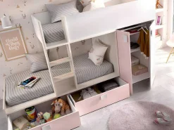 Stapelbed Juanito Met Ingebouwde Kast En Opbergruimte - 2X90X190Cm - Wit, Eiken En Roze-Vente-unique Sale