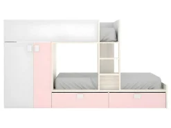Stapelbed Juanito Met Ingebouwde Kast En Opbergruimte - 2X90X190Cm - Wit, Eiken En Roze-Vente-unique Sale