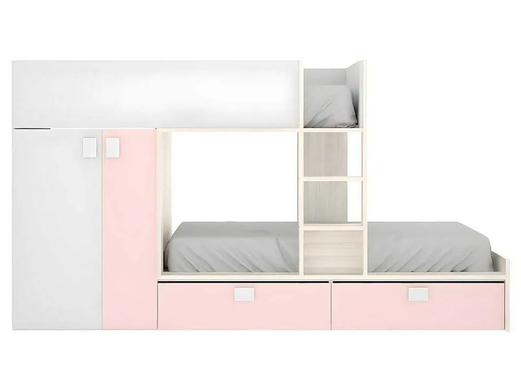 Stapelbed Juanito Met Ingebouwde Kast En Opbergruimte - 2X90X190Cm - Wit, Eiken En Roze-Vente-unique Sale