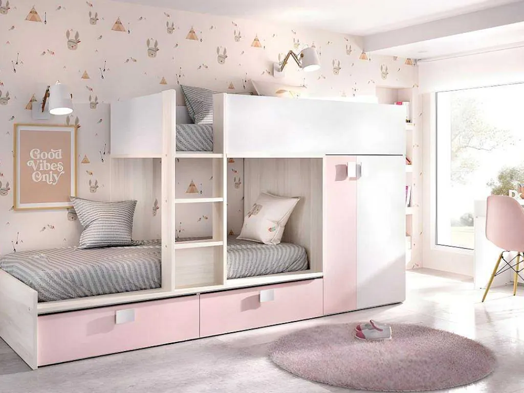 Stapelbed Juanito Met Ingebouwde Kast En Opbergruimte - 2X90X190Cm - Wit, Eiken En Roze-Vente-unique Sale