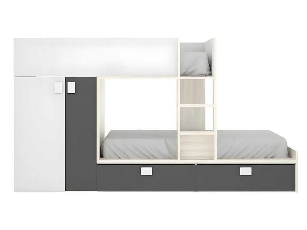 Stapelbed Juanito Met Ingebouwde Kast - 2 X 90 X 190 Cm - Wit, Eiken En Antraciet-Vente-unique Discount