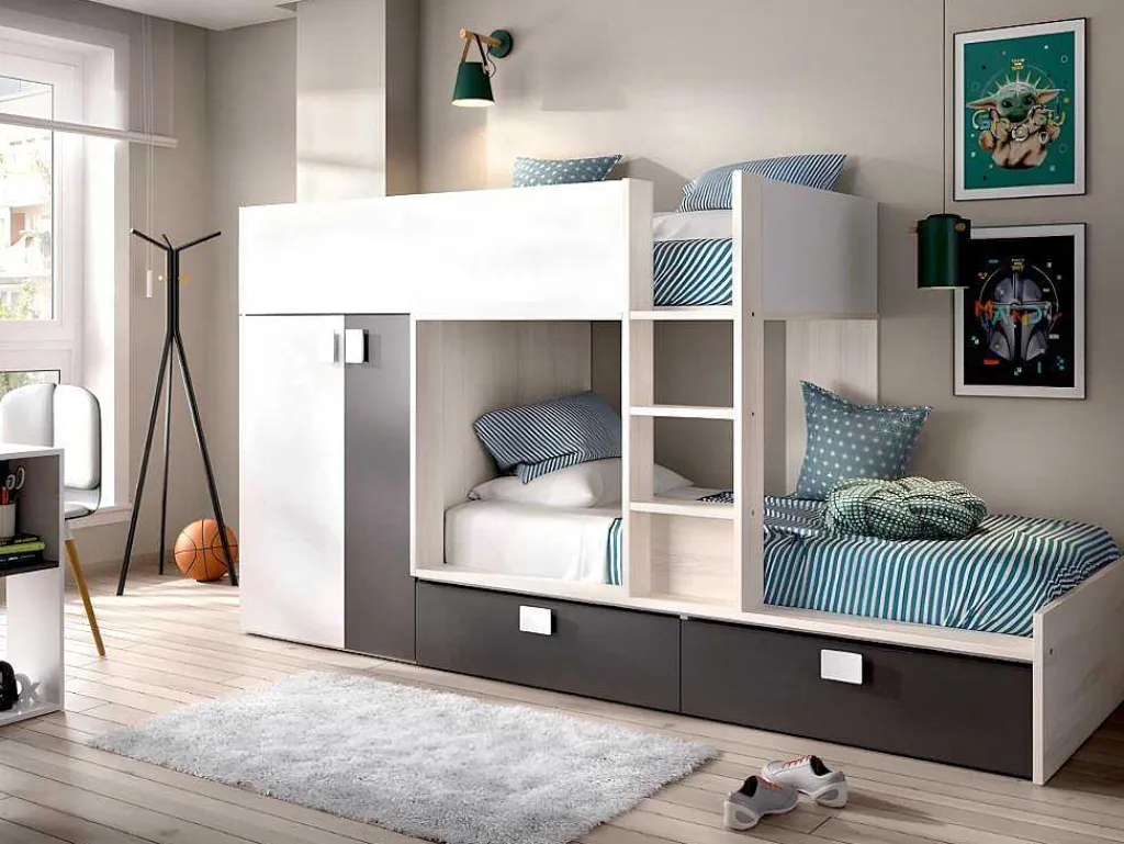 Stapelbed Juanito Met Ingebouwde Kast - 2 X 90 X 190 Cm - Wit, Eiken En Antraciet-Vente-unique Discount