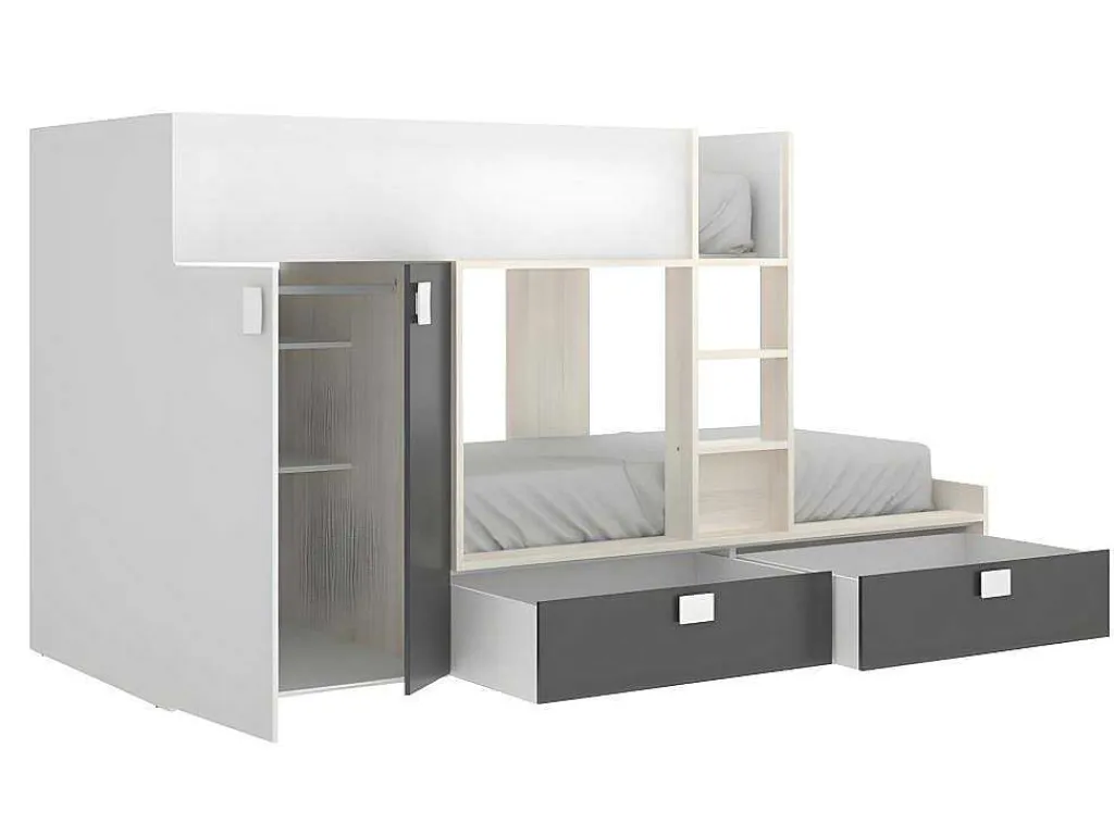 Stapelbed Juanito Met Ingebouwde Kast - 2 X 90 X 190 Cm - Wit, Eiken En Antraciet-Vente-unique Discount