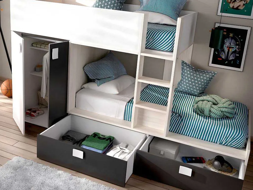 Stapelbed Juanito Met Ingebouwde Kast - 2 X 90 X 190 Cm - Wit, Eiken En Antraciet-Vente-unique Discount