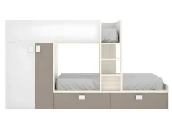 Stapelbed Juanito Met Ingebouwde Kast En Opbergruimte - 2X90X190Cm - Wit, Eiken En Taupe-Vente-unique