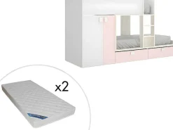 Stapelbed Met Ingebouwde Kast En Opbergruimte 2X90X190Cm - Wit, Eiken En Roze + Matras -Juanito-Vente-unique Outlet