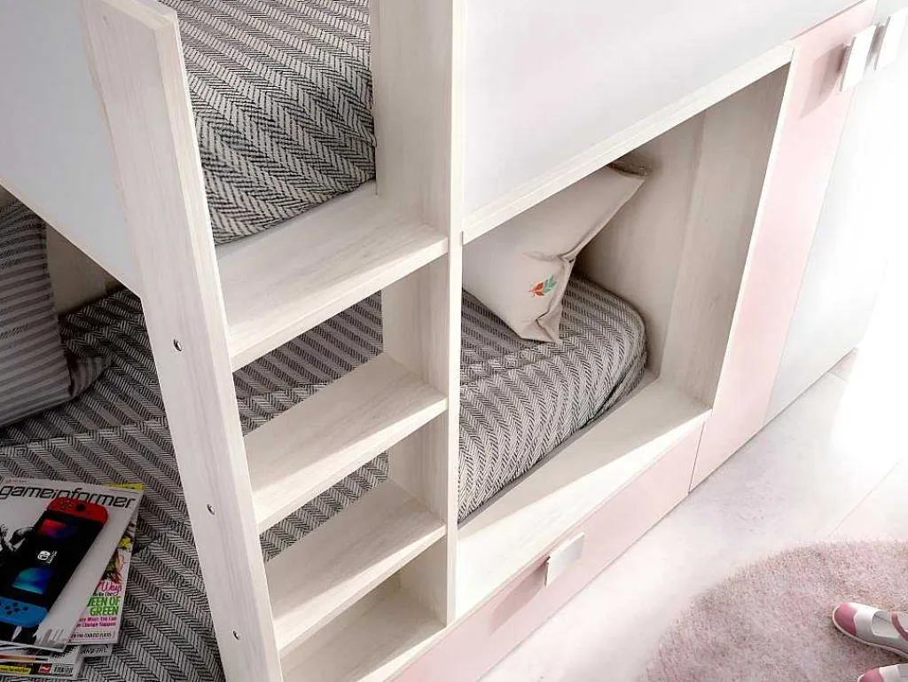 Stapelbed Met Ingebouwde Kast En Opbergruimte 2X90X190Cm - Wit, Eiken En Roze + Matras -Juanito-Vente-unique Outlet